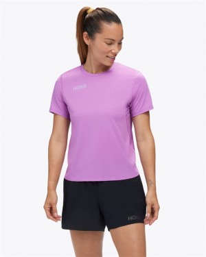 Women's Hoka Short Sleeve Purple Flower | India-3096